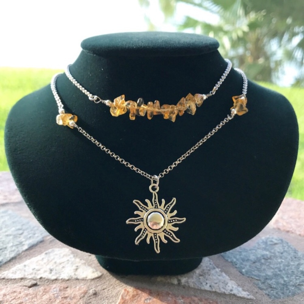 Citrine sun necklace . citrine gems chips double layer necklace silver sun charm